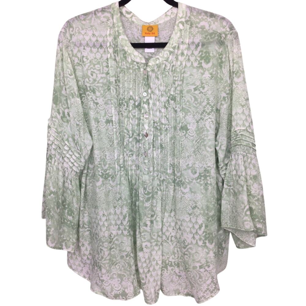 Ruby Rd Boho Cottagecore Patchwork Silky Gauze Ruffled Henley Blouse Size XL
